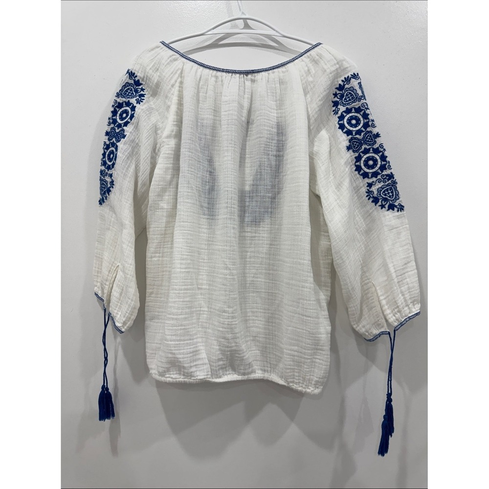 J.Crew M 100% Cotton White Blue Embroidered Gauze Peasant Blouse Tassel - Picture 2 of 7